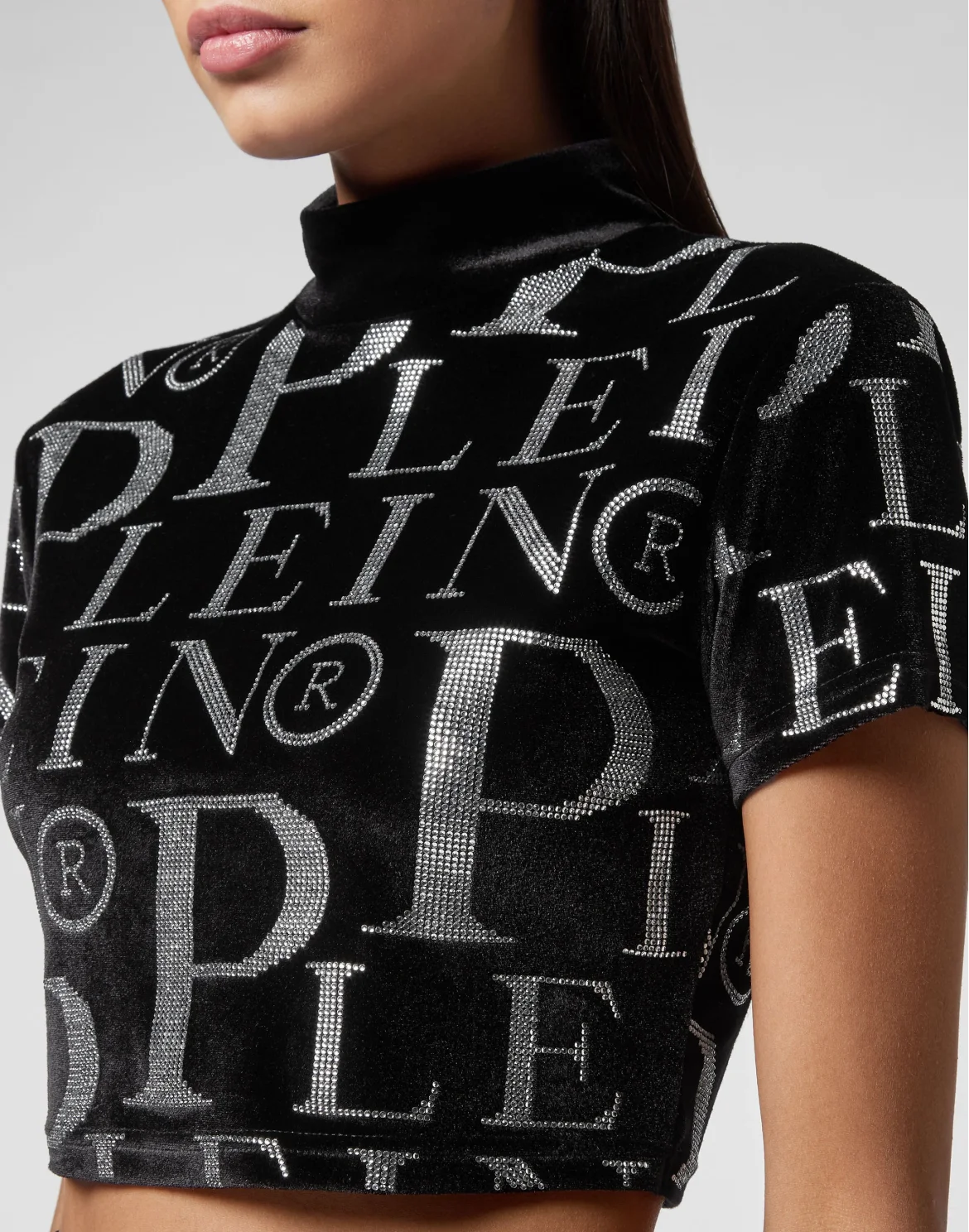 Velvet T-shirt Round Neck SS Crop Stones All over PP with Crystals, цвет: Черный