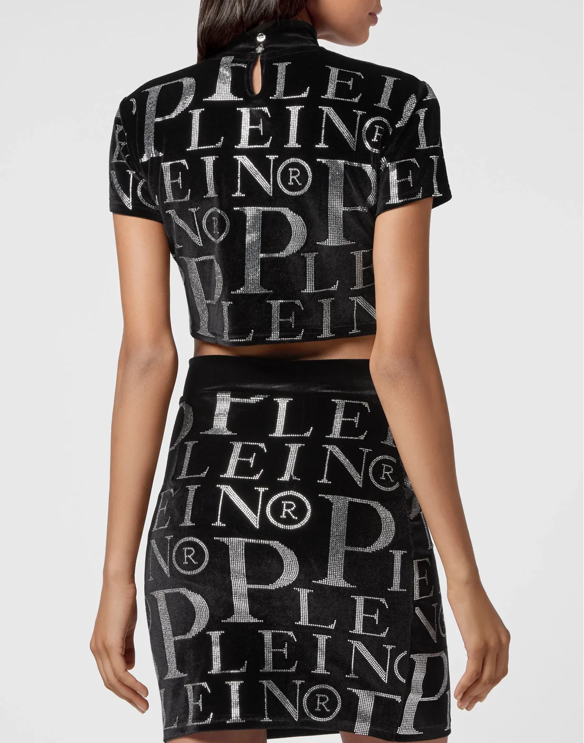 Velvet T-shirt Round Neck SS Crop Stones All over PP with Crystals, цвет: Черный