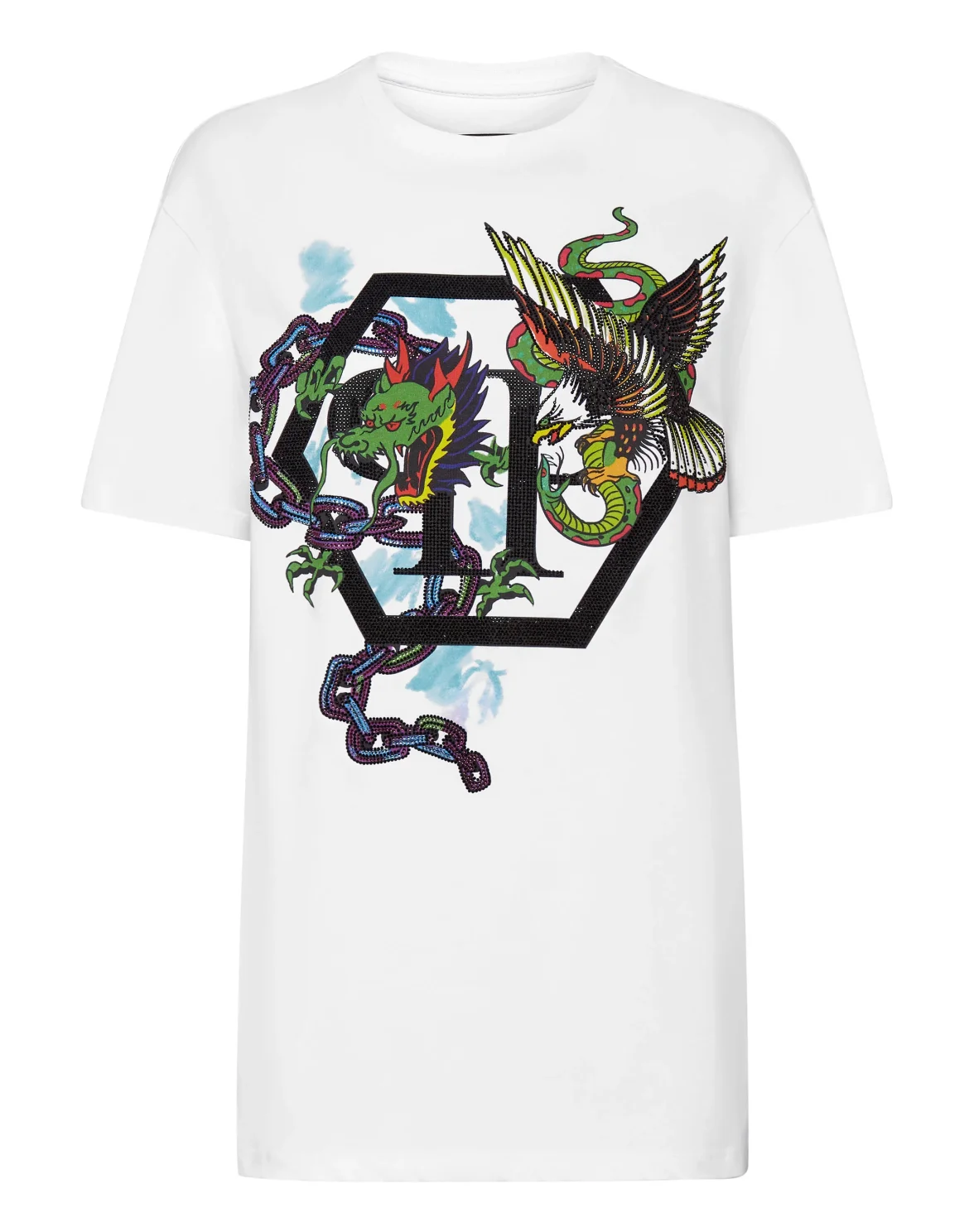 T-shirt Round Neck SS Tattoo Patches with Crystals, цвет: Белый