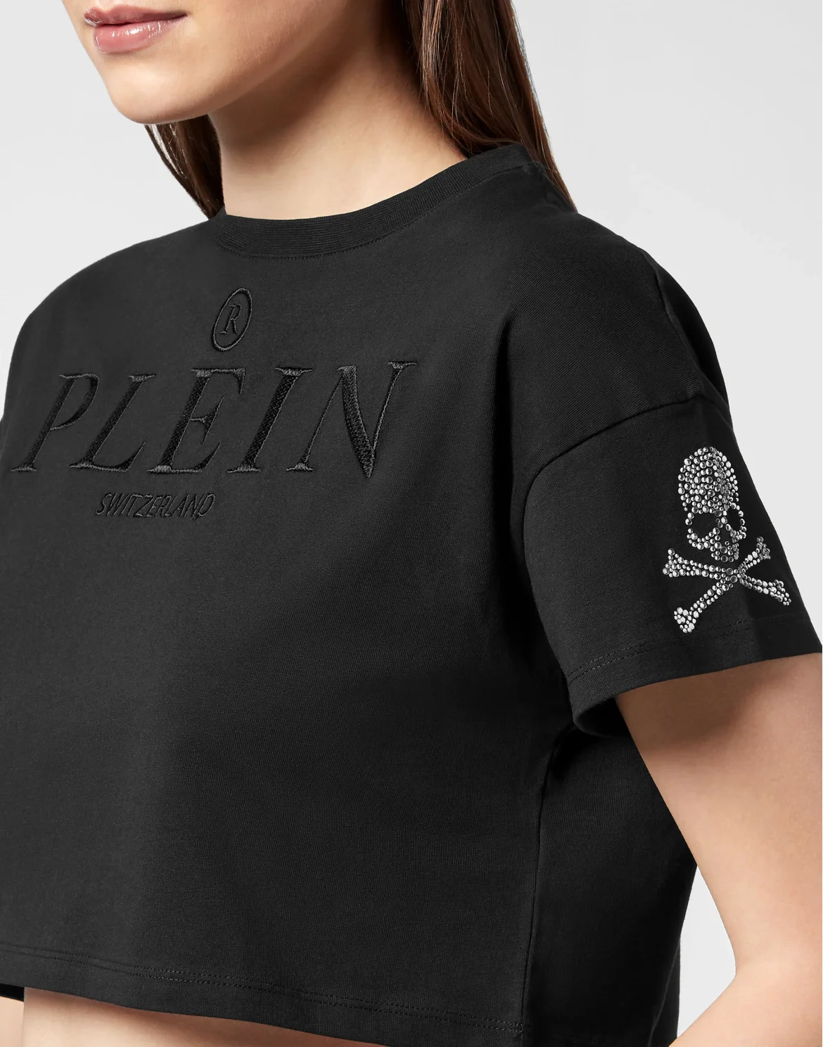 T-shirt Round Neck SS Crop Crystal Skull, цвет: Черный