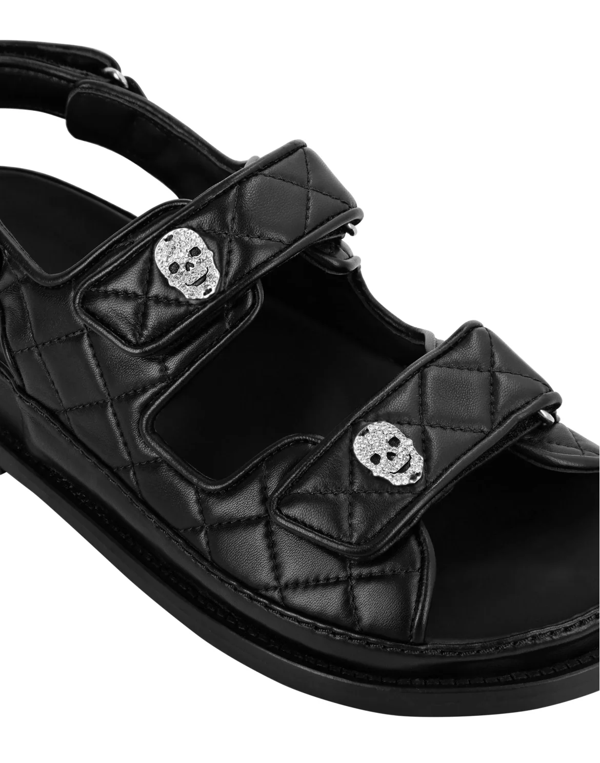 Leather Flat Sandals Matelassè Crystal Skull, цвет: Черный