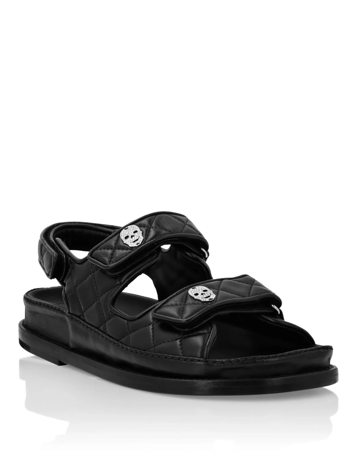 Leather Flat Sandals Matelassè Crystal Skull, цвет: Черный
