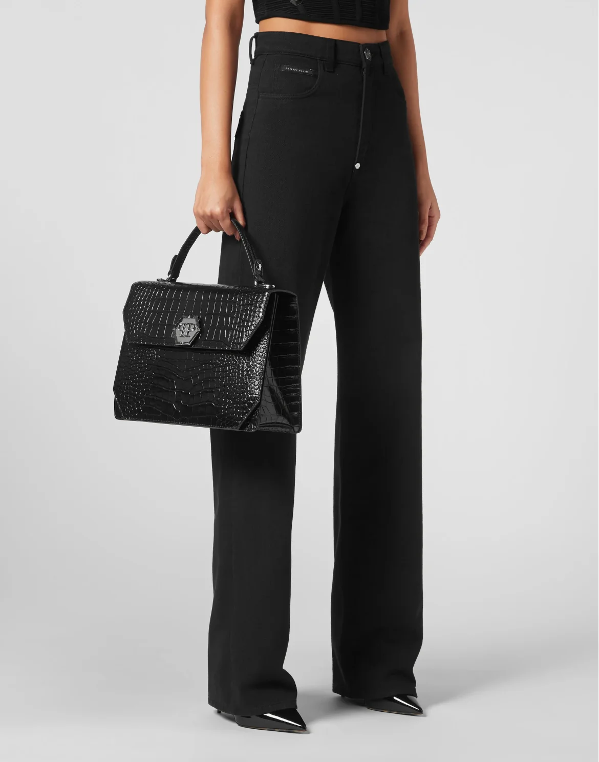 Croco Embossed Superheroin Large Handle bag, цвет: Черный