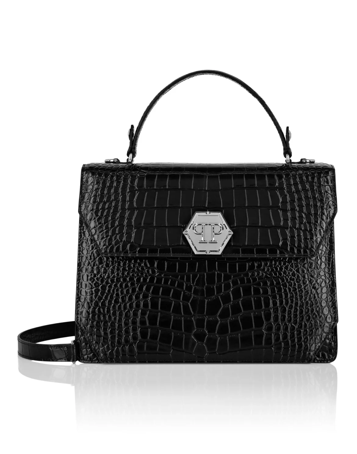 Croco Embossed Superheroin Large Handle bag, цвет: Черный