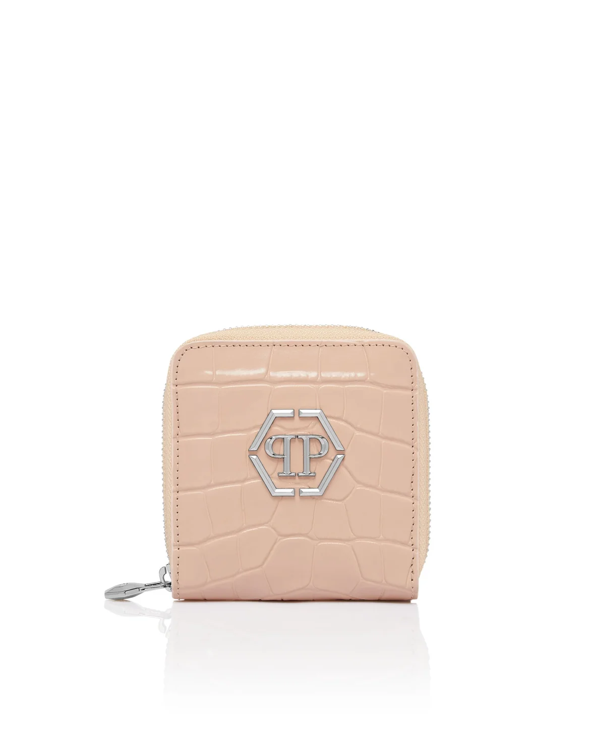 Croco Embossed Mini Round Zip Wallet, цвет: Бежевый