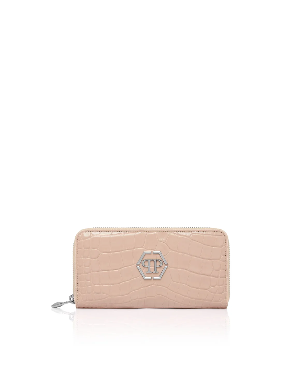 Croco Embossed Round Zip Wallet, цвет: Бежевый