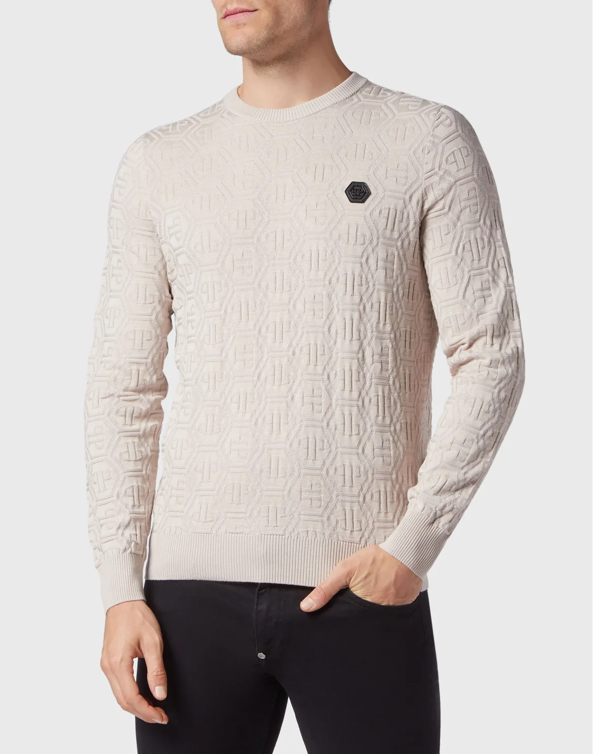 Silk/Wool Pullover LS Monogram, цвет: Бежевый