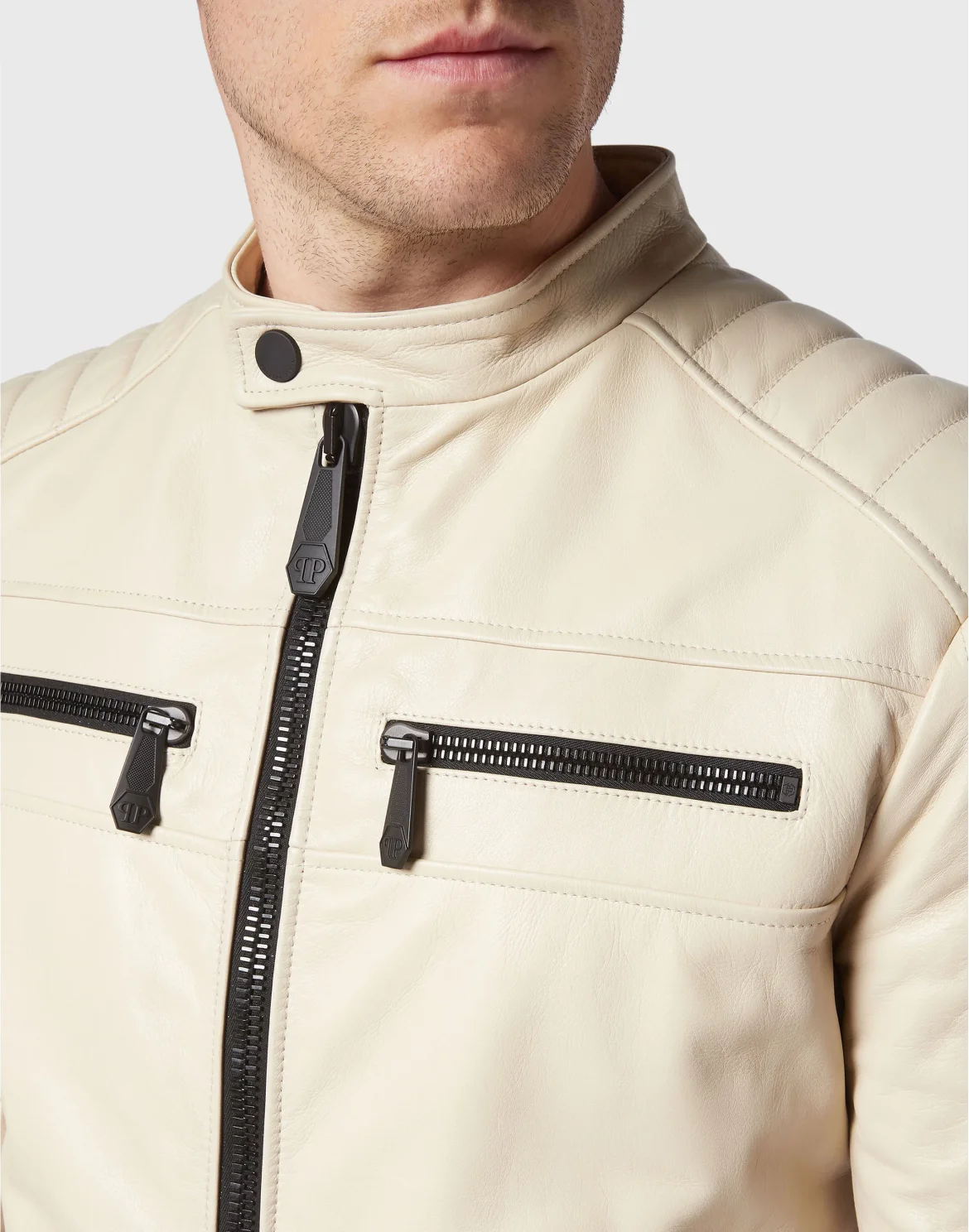 Leather Moto Jacket Iconic Plein, цвет: Бежевый