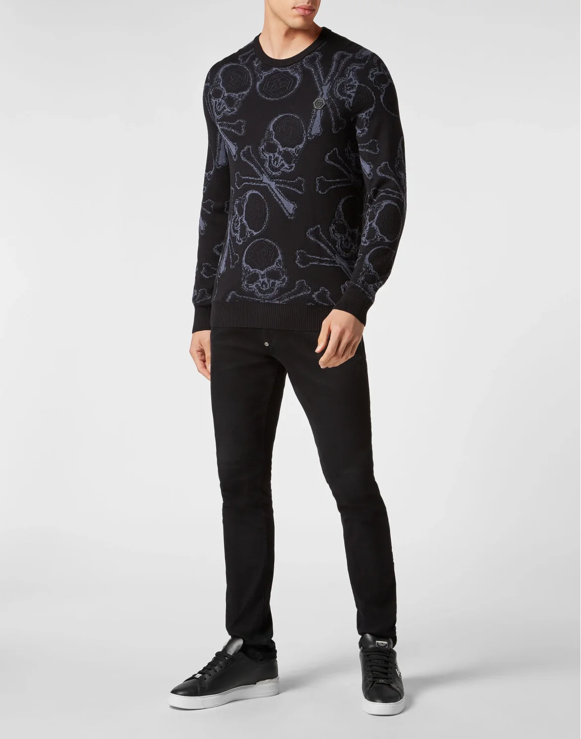 Cotton Pullover Round Neck Skull&Bones, цвет: Черный