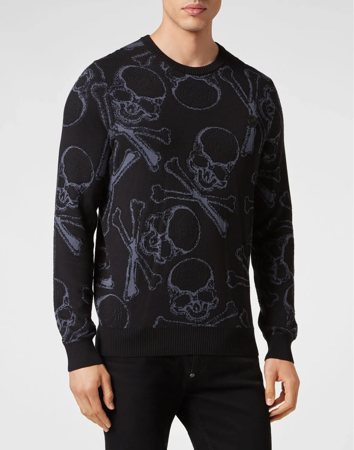 Cotton Pullover Round Neck Skull&Bones, цвет: Черный