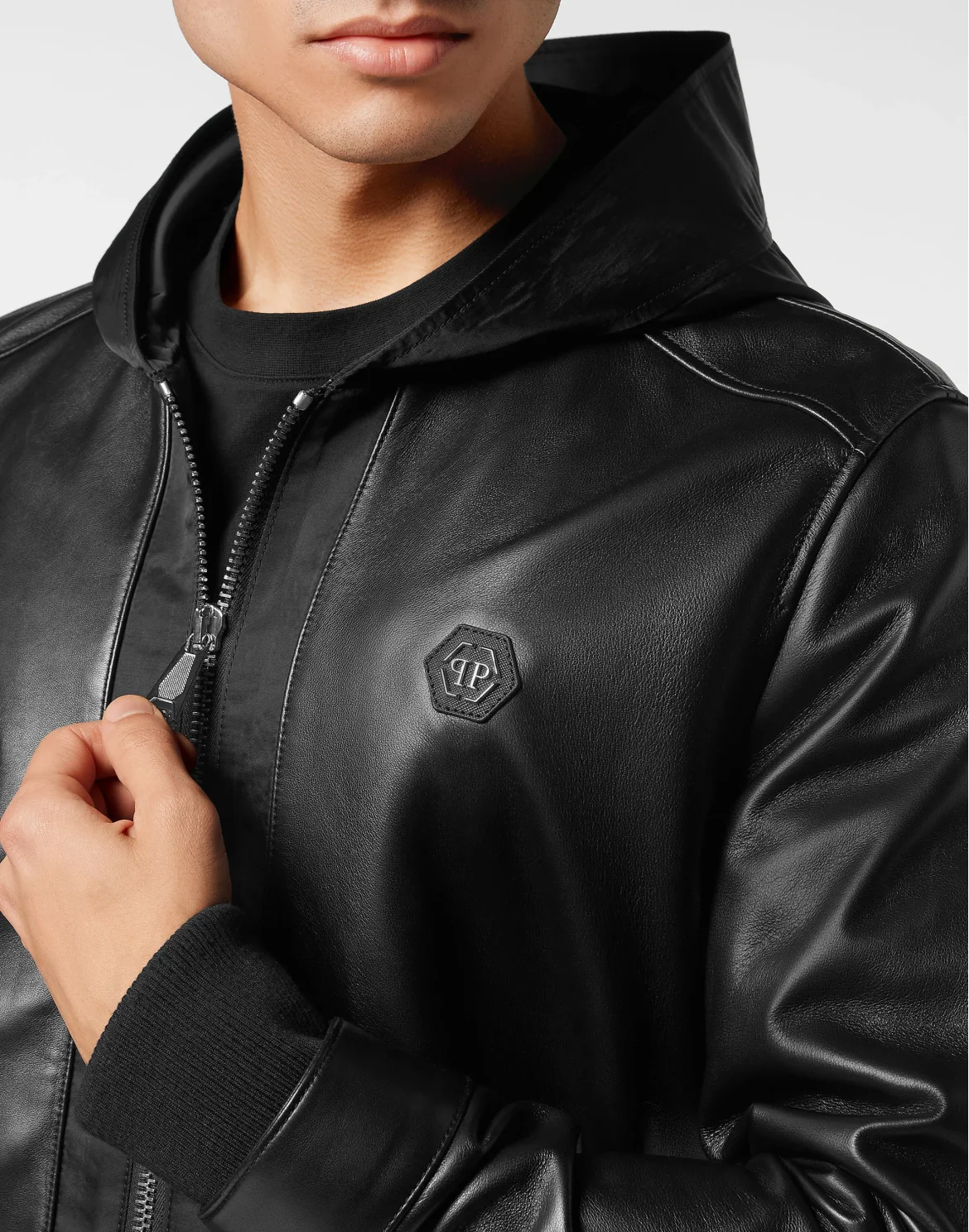 Leather Hooded Bomber with Satin Inserts, цвет: Черный