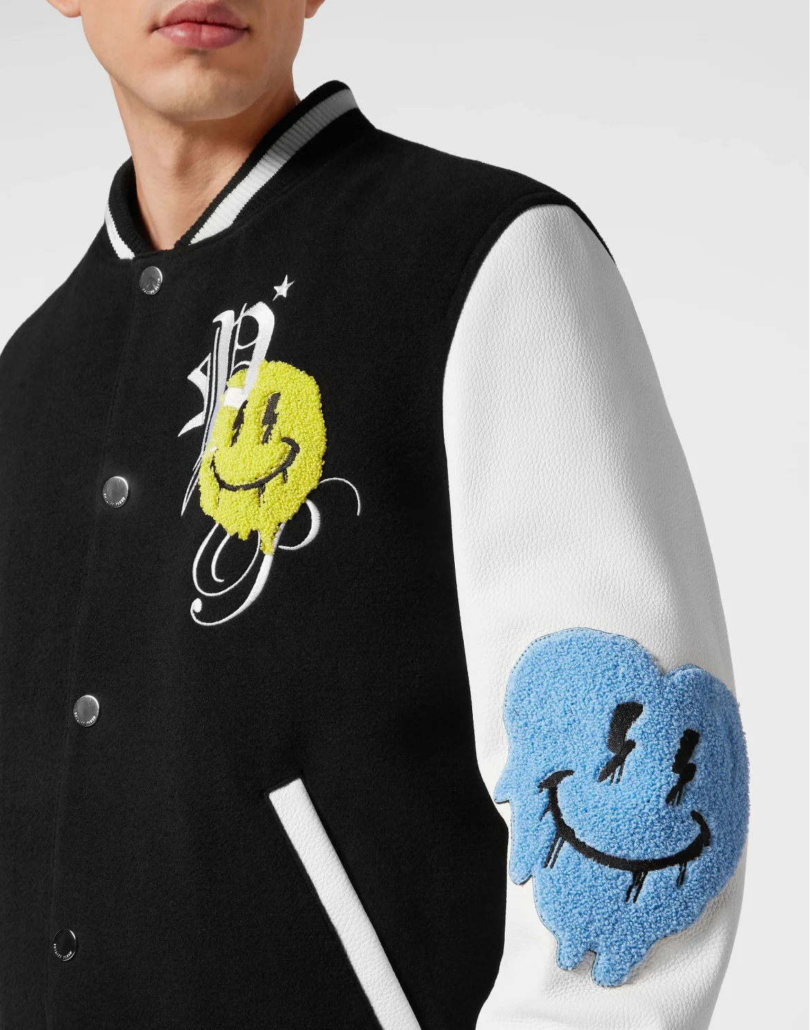 Woolen Cloth College Bomber with Leather Arms Smile, цвет: Черный