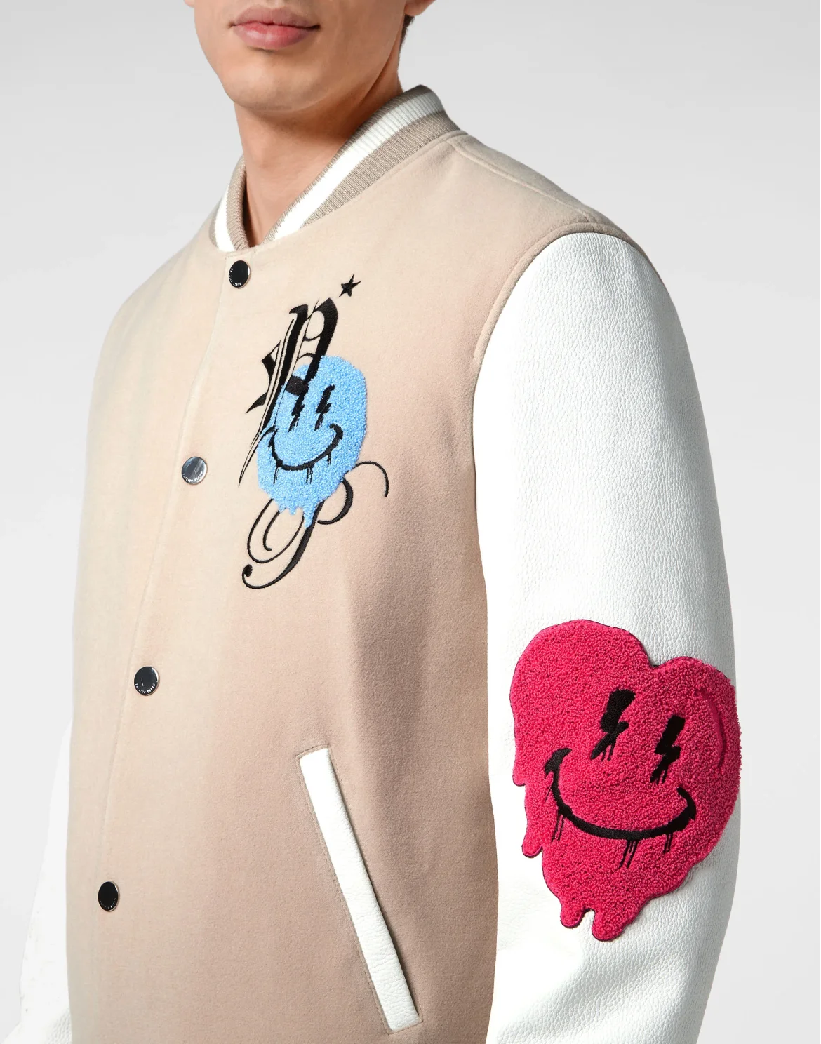 Woolen Cloth College Bomber with Leather Arms Smile, цвет: Бежевый