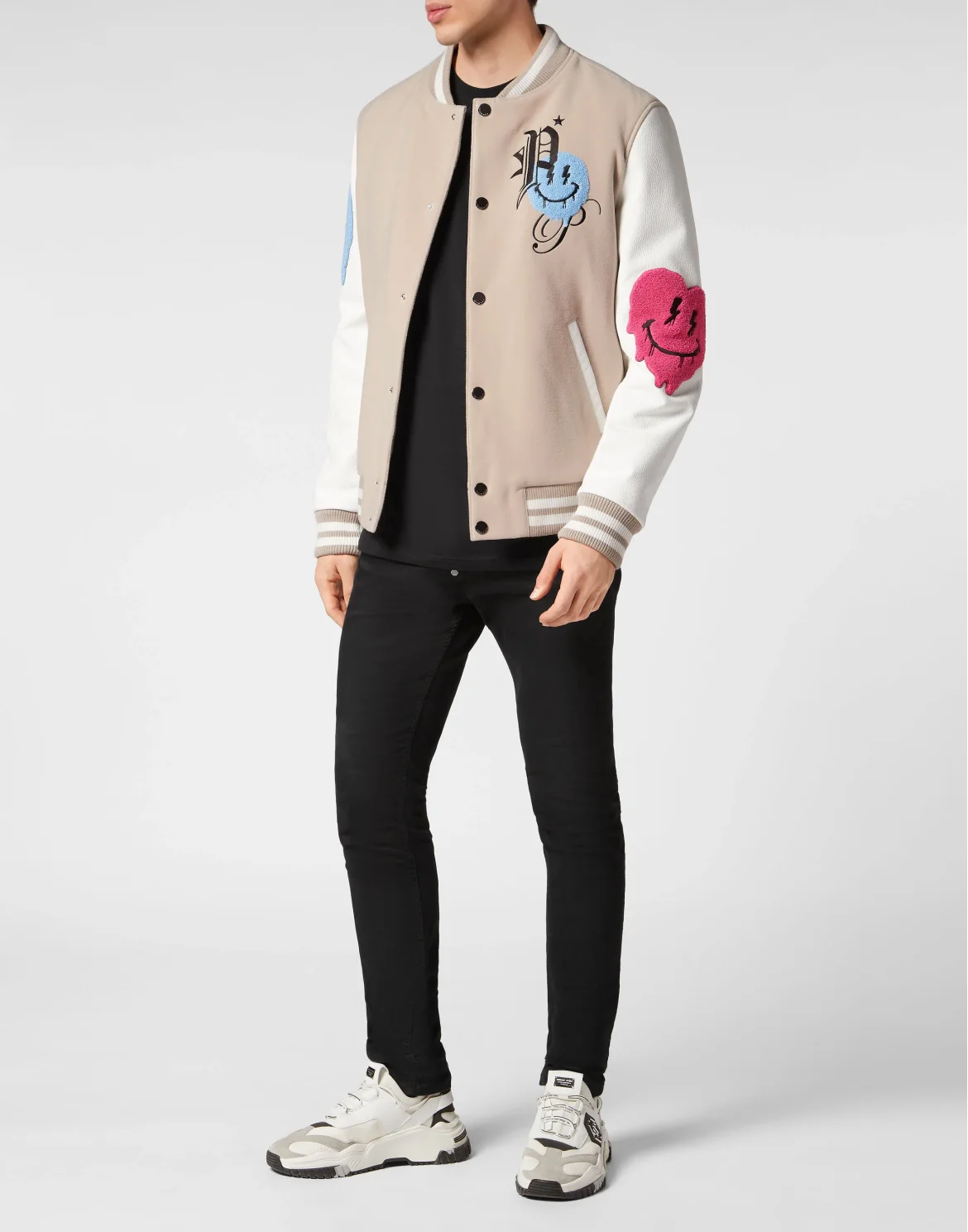 Woolen Cloth College Bomber with Leather Arms Smile, цвет: Бежевый