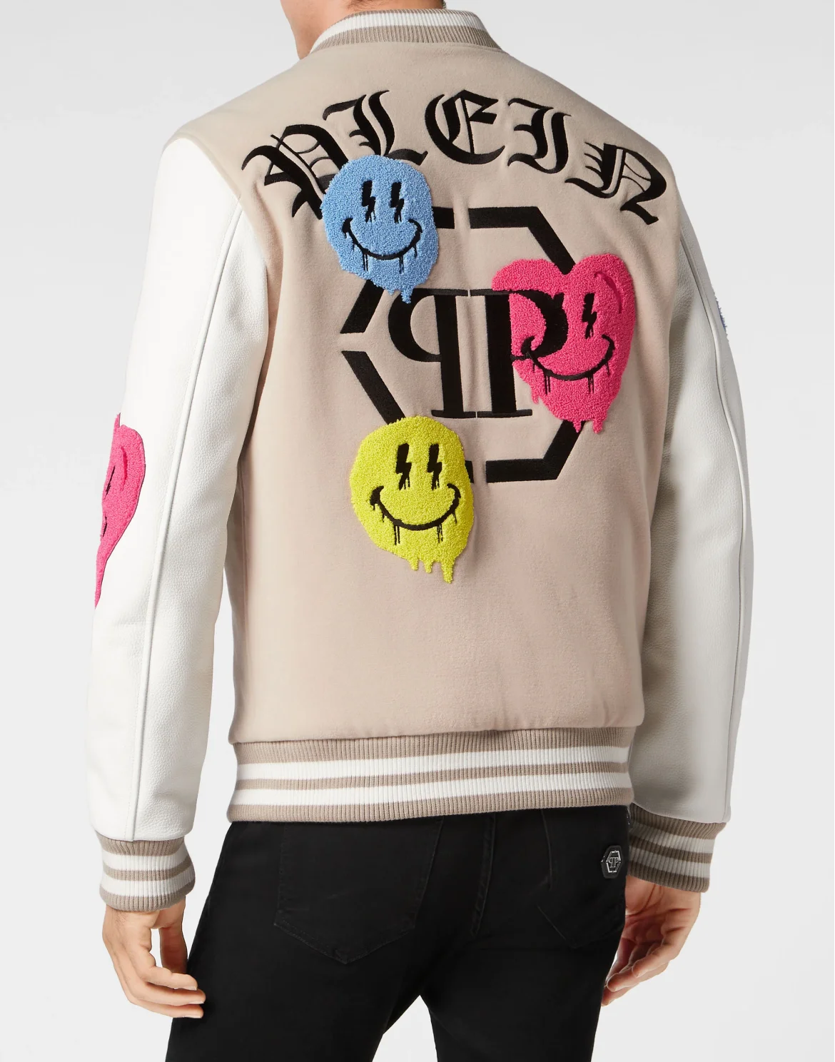 Woolen Cloth College Bomber with Leather Arms Smile, цвет: Бежевый