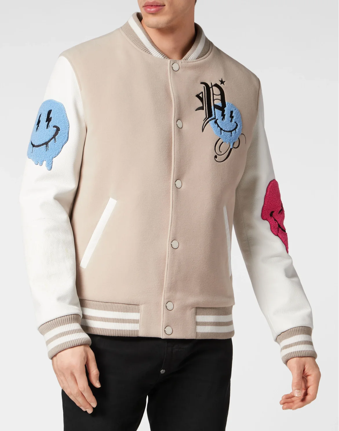 Woolen Cloth College Bomber with Leather Arms Smile, цвет: Бежевый