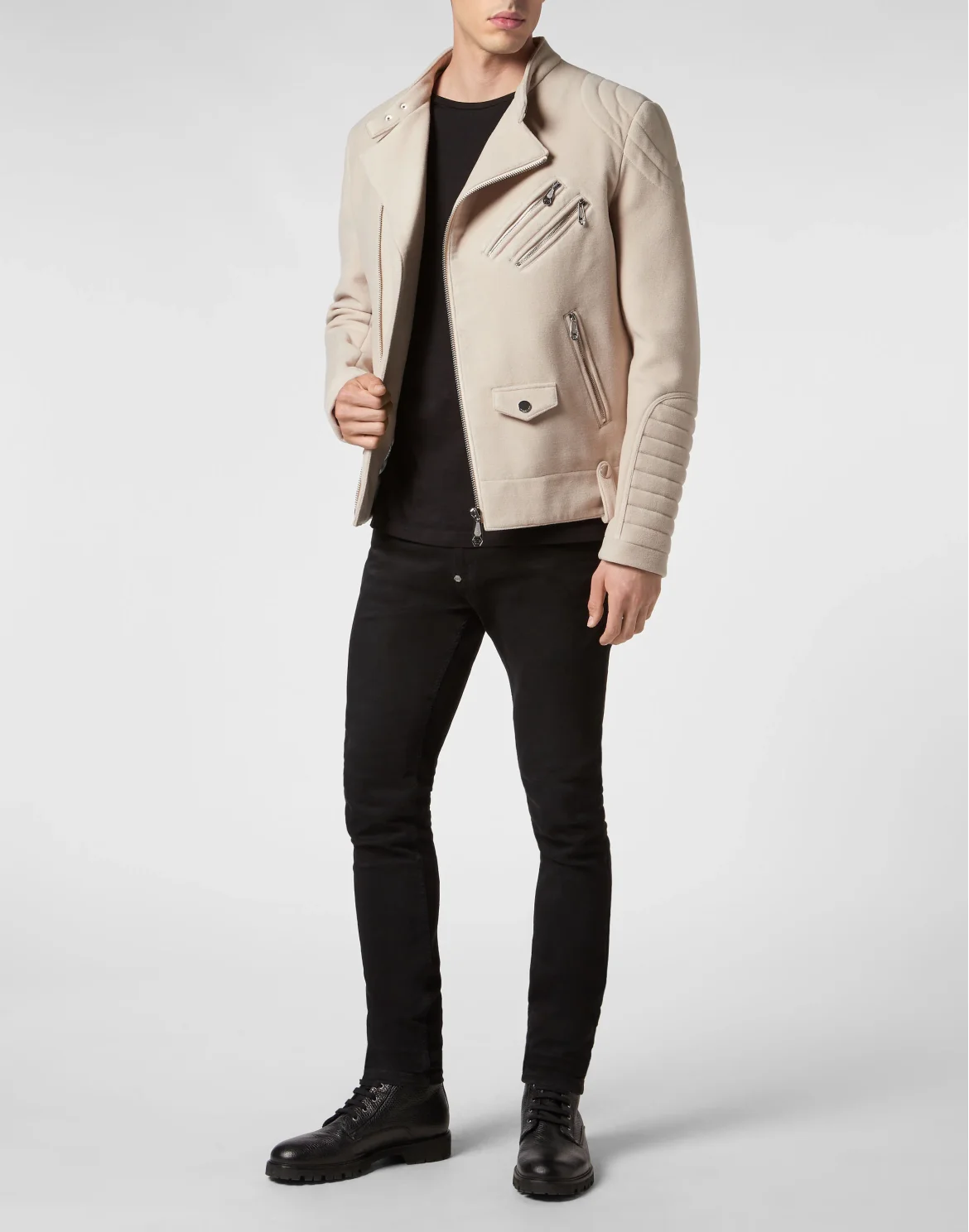 Woolen Cloth Biker Jacket Gothic Plein, цвет: Бежевый