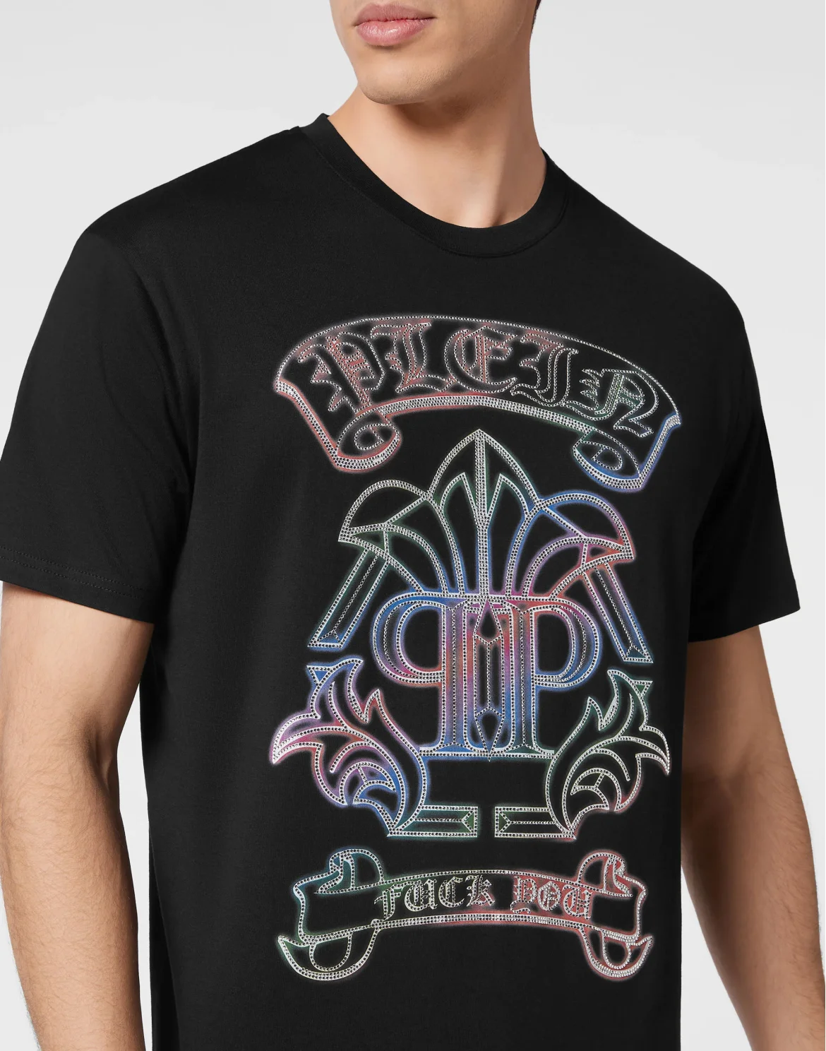 Embroidered T-shirt Round Neck SS with Crystals Gothic Banner, цвет: Черный