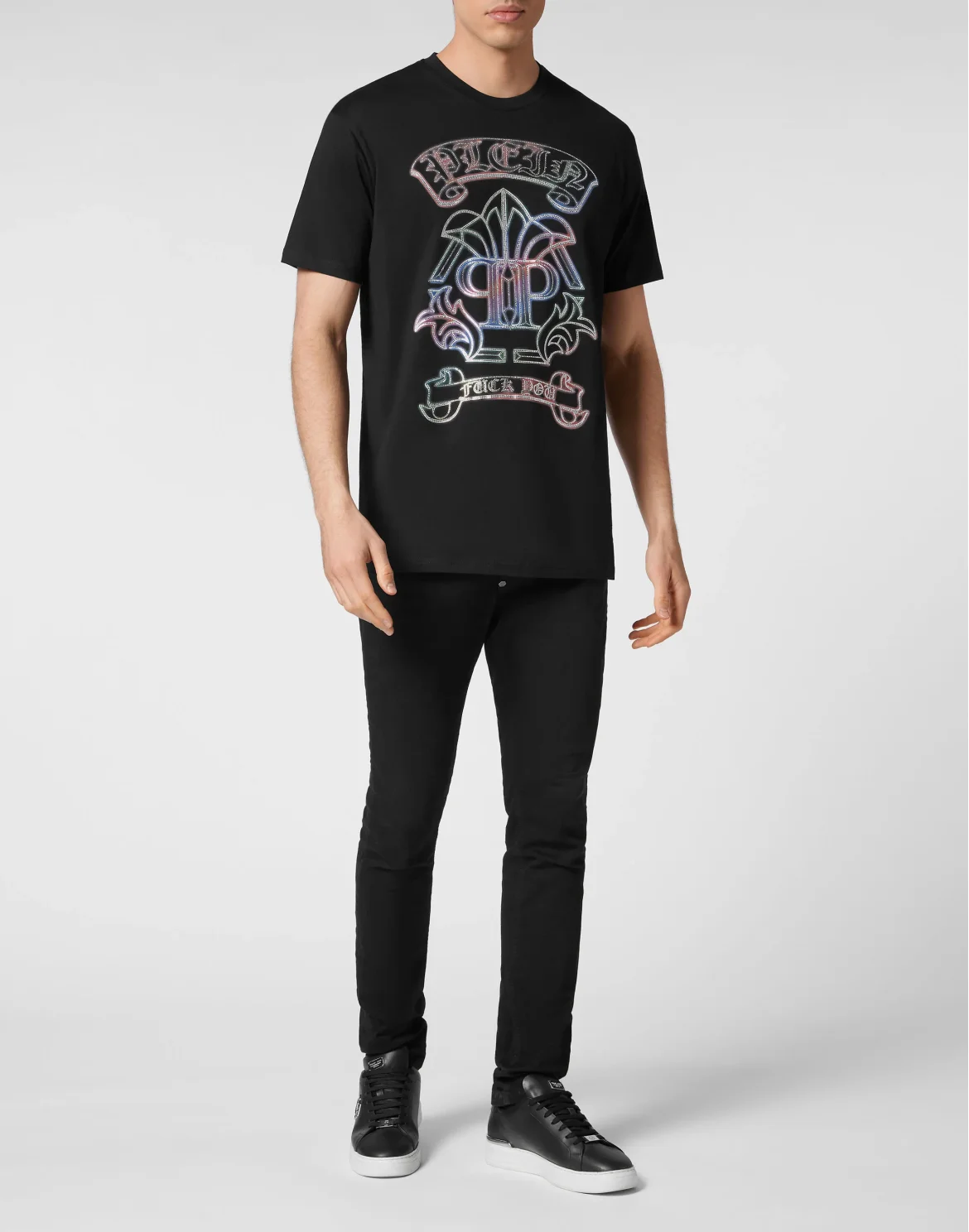 Embroidered T-shirt Round Neck SS with Crystals Gothic Banner, цвет: Черный
