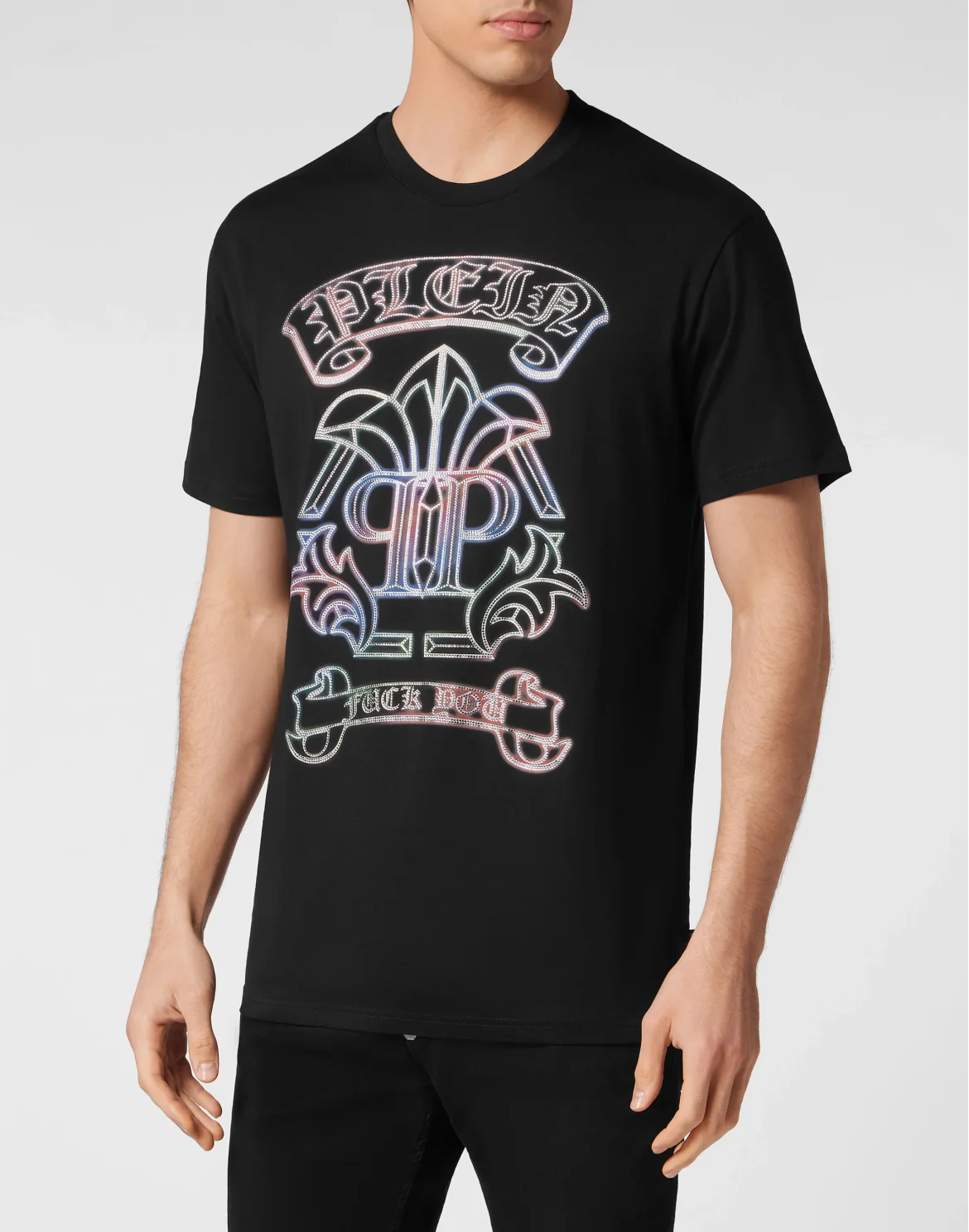 Embroidered T-shirt Round Neck SS with Crystals Gothic Banner, цвет: Черный