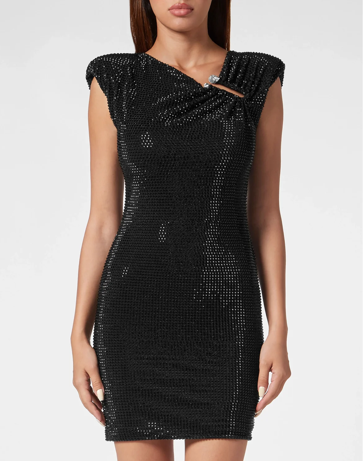 Padded Shoulder Mini Dress Fluo Strass, цвет: Черный