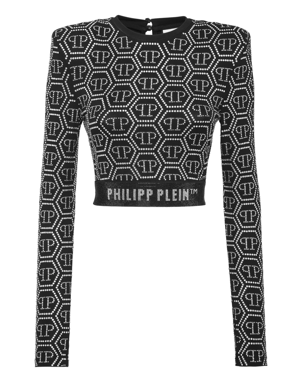 Padded Shoulder Cropped Top LS Monogram Strass, цвет: Черный