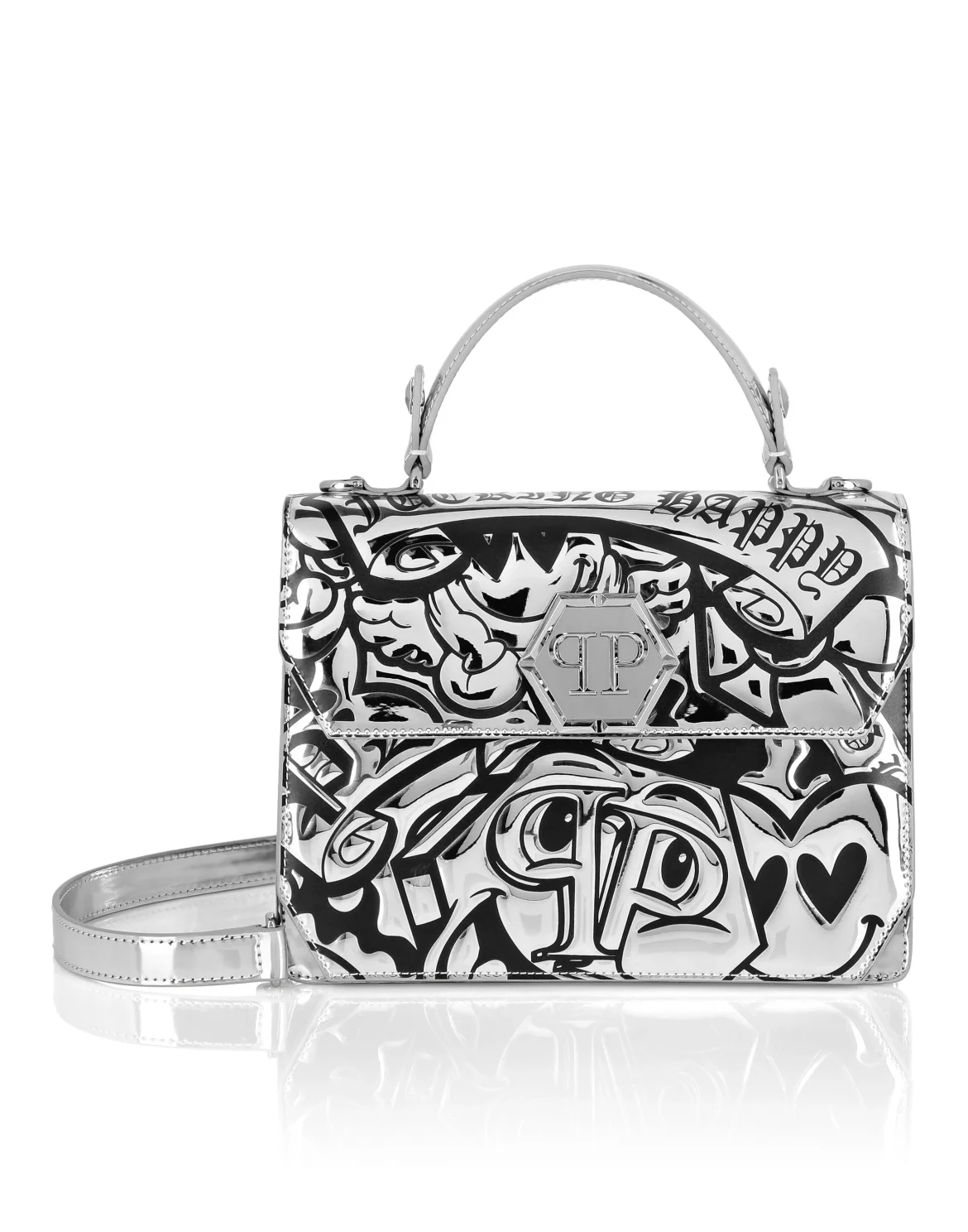 Mirror Leather Handle Bag Superheroine Smile, цвет: Серебристый