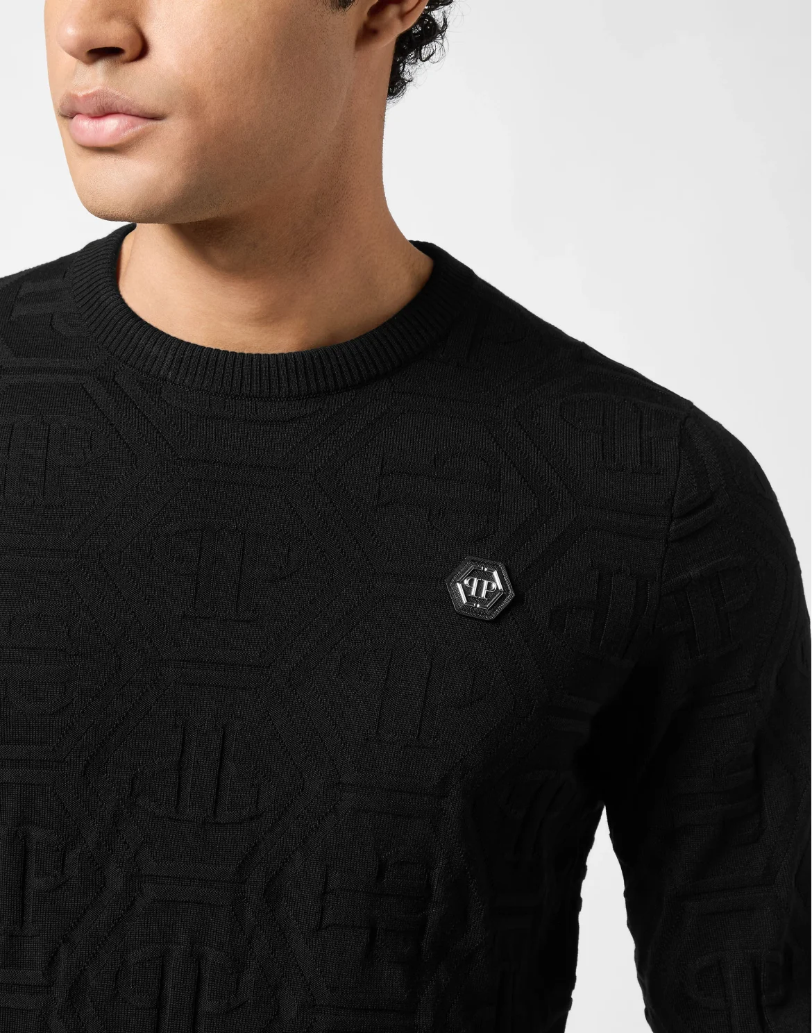 Jacquard Silk Wool Pullover Round Neck LS Monogram, цвет: Черный