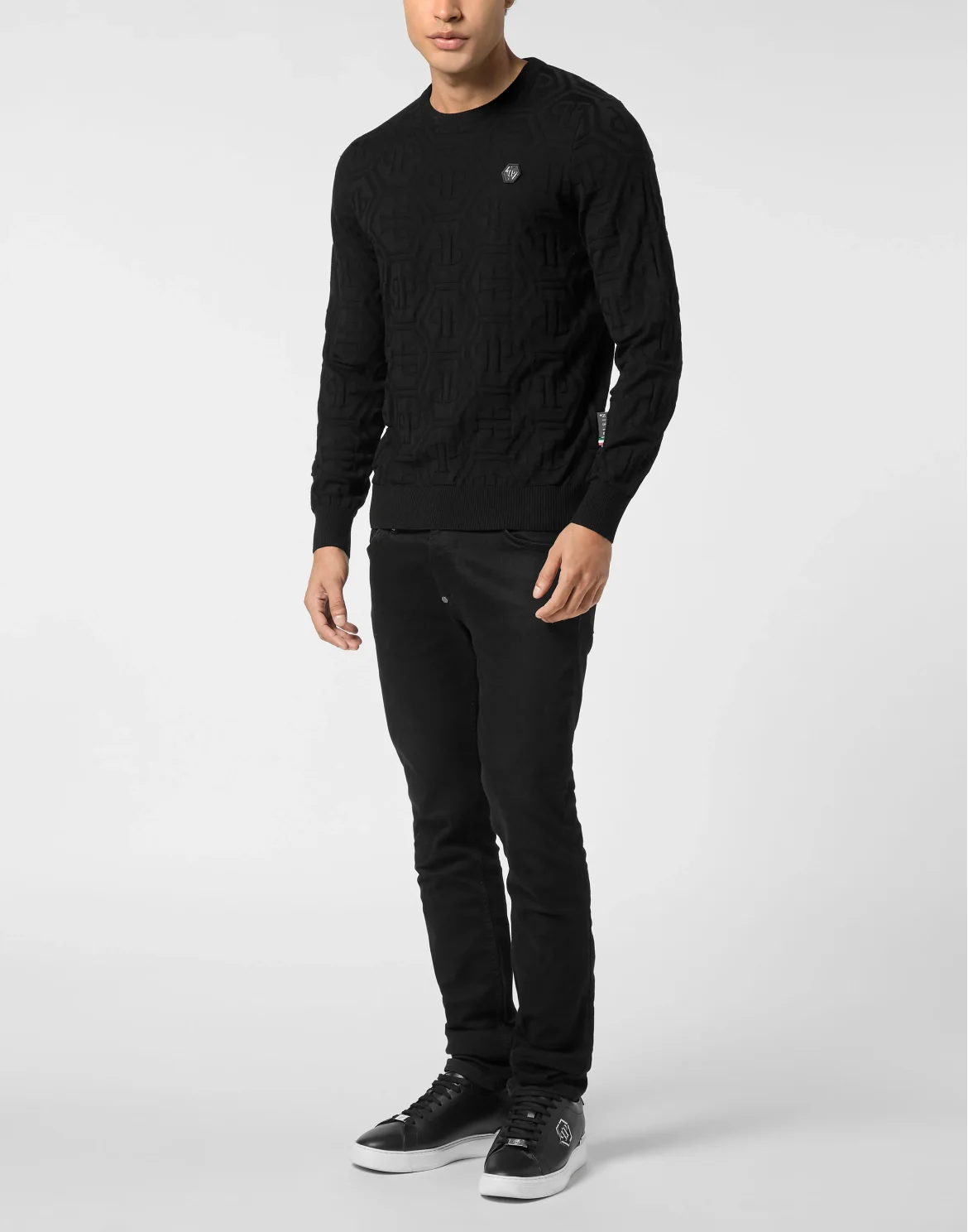 Jacquard Silk Wool Pullover Round Neck LS Monogram, цвет: Черный