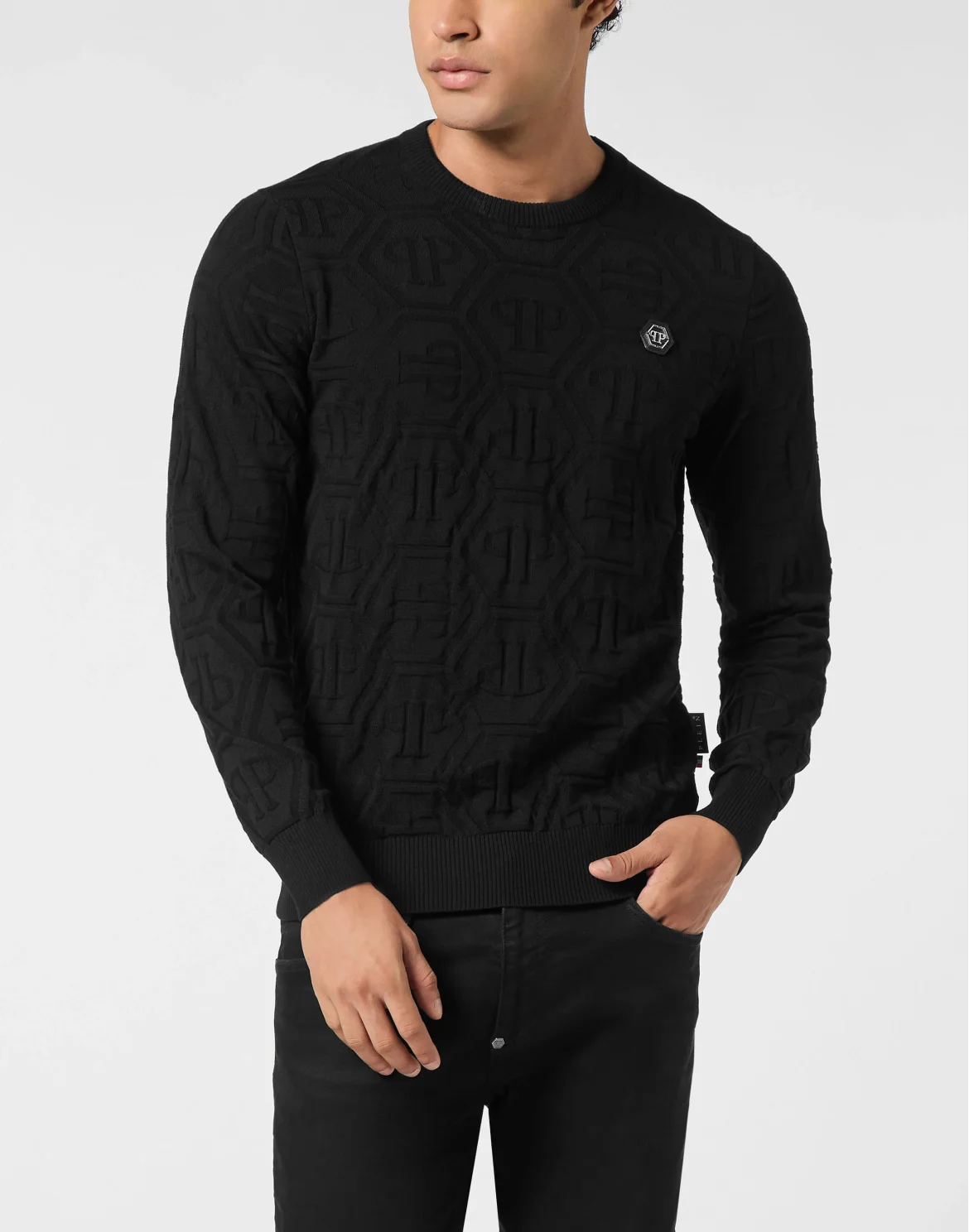 Jacquard Silk Wool Pullover Round Neck LS Monogram, цвет: Черный