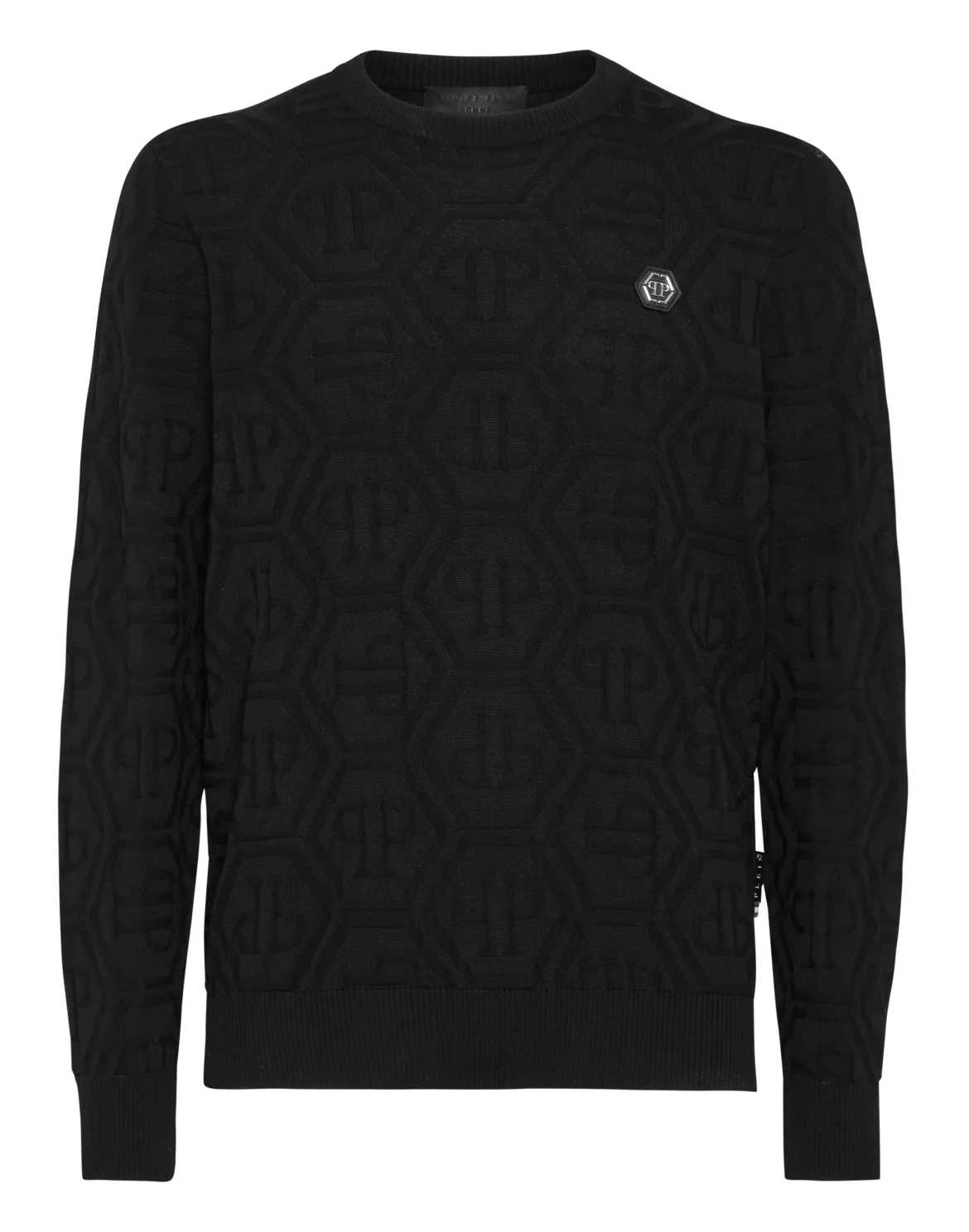 Jacquard Silk Wool Pullover Round Neck LS Monogram, цвет: Черный