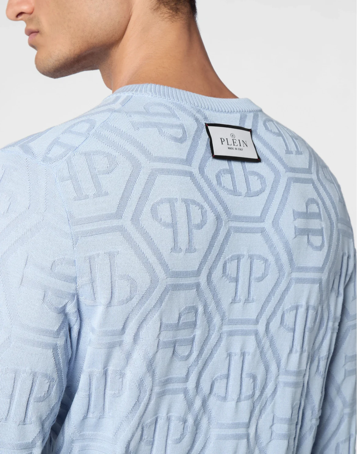 Jacquard Silk Wool Pullover Round Neck LS Monogram, цвет: Голубой