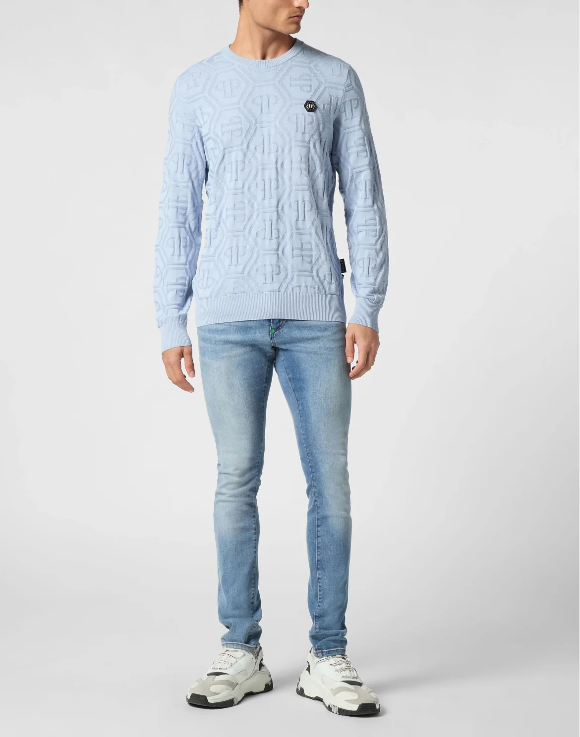 Jacquard Silk Wool Pullover Round Neck LS Monogram, цвет: Голубой