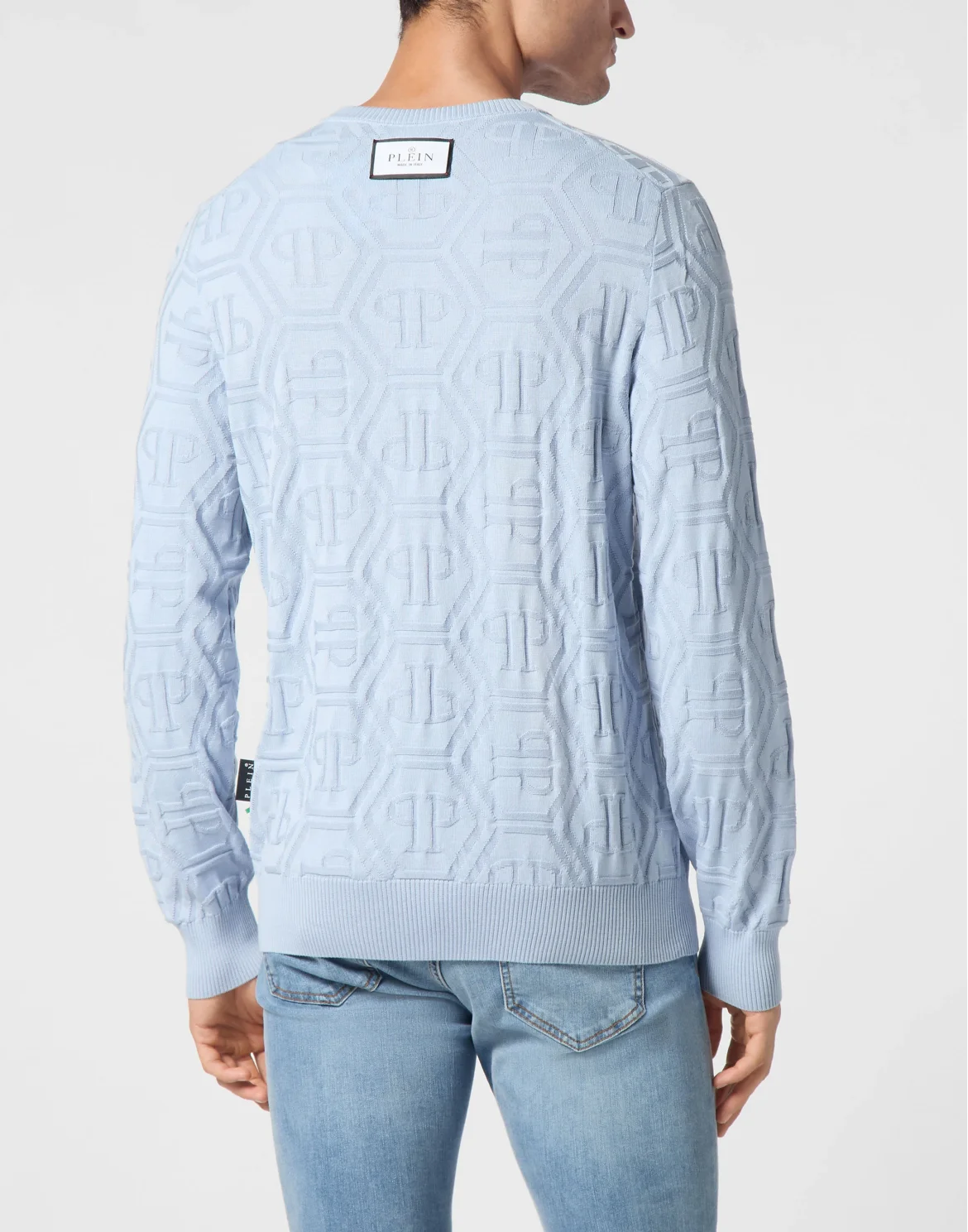 Jacquard Silk Wool Pullover Round Neck LS Monogram, цвет: Голубой