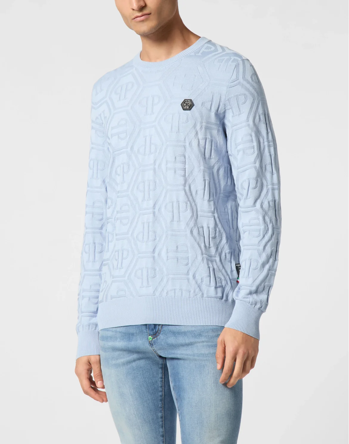 Jacquard Silk Wool Pullover Round Neck LS Monogram, цвет: Голубой