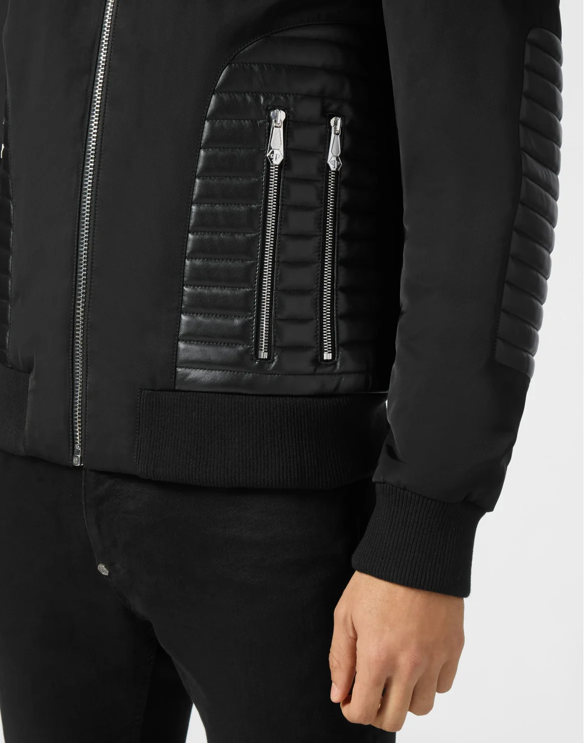 Nylon Hooded Jacket LS With Leather Inserts, цвет: Черный