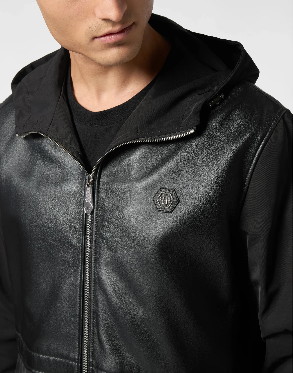Nylon/Leather Hooded Jacket LS, цвет: Черный
