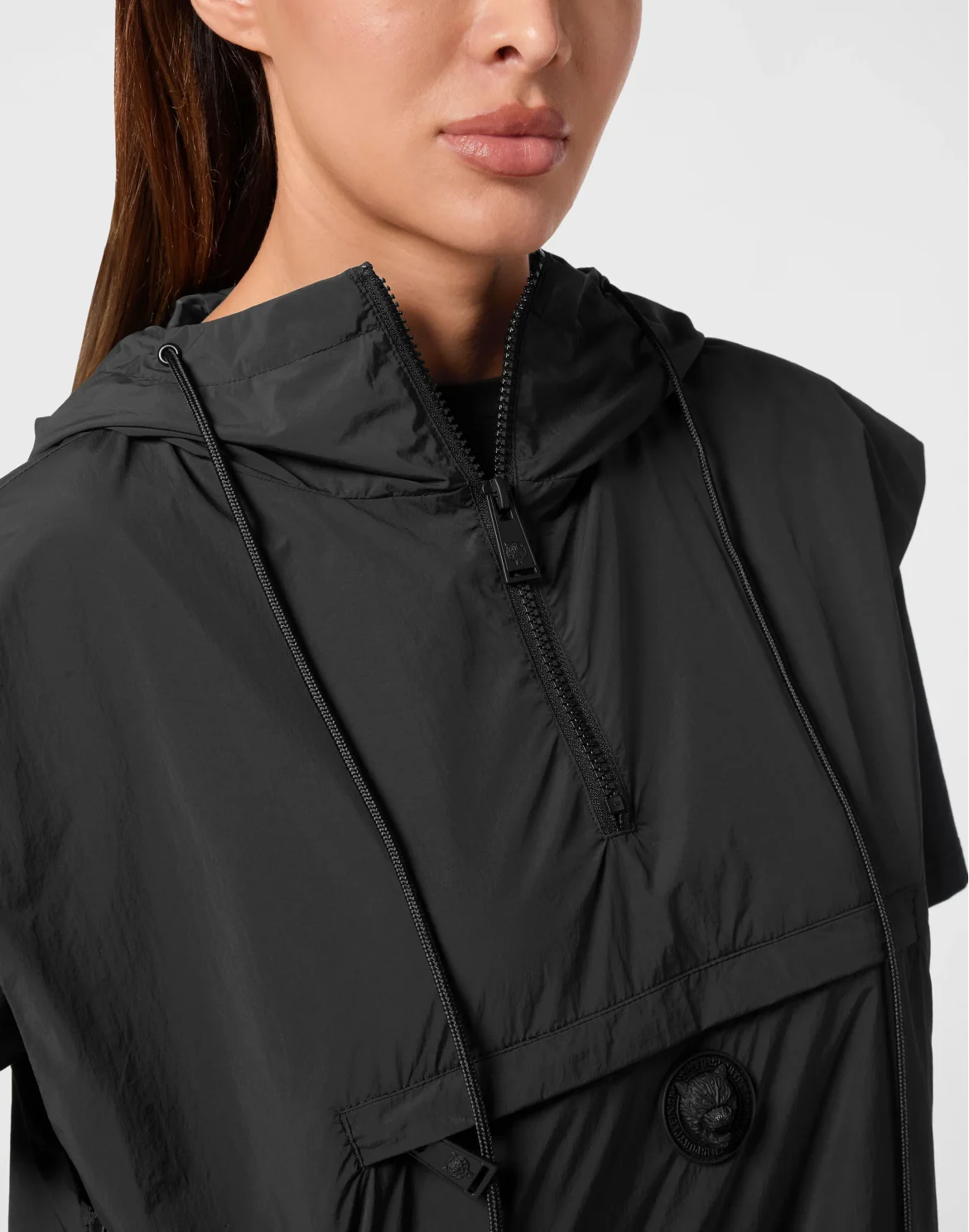 Hooded Zipped Vest With Pockets, цвет: Черный