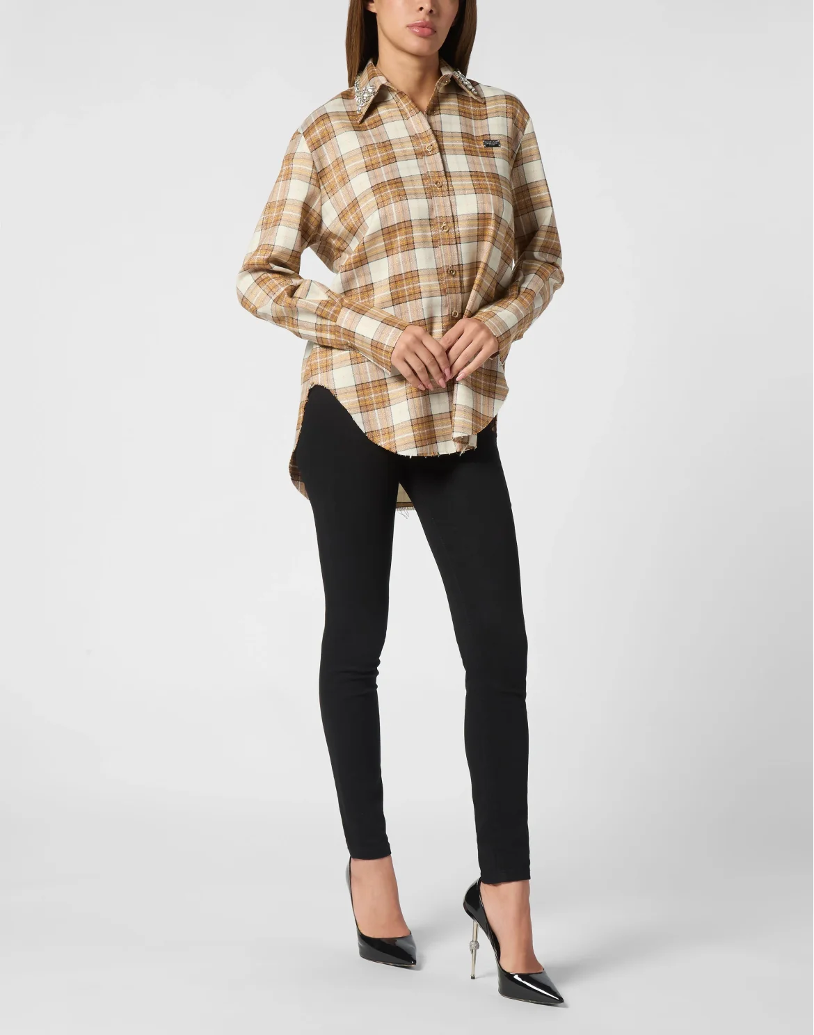 Checked Oversize Shirt LS Strass Flame, цвет: Голубой