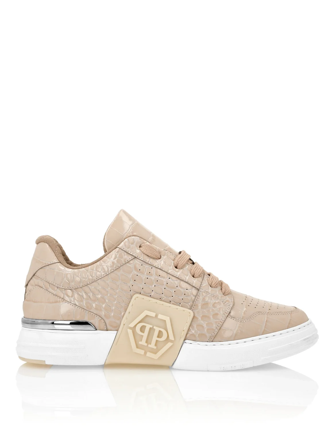 Croco Printed Leather Lo-Top Sneakers Hexagon, цвет: Бежевый