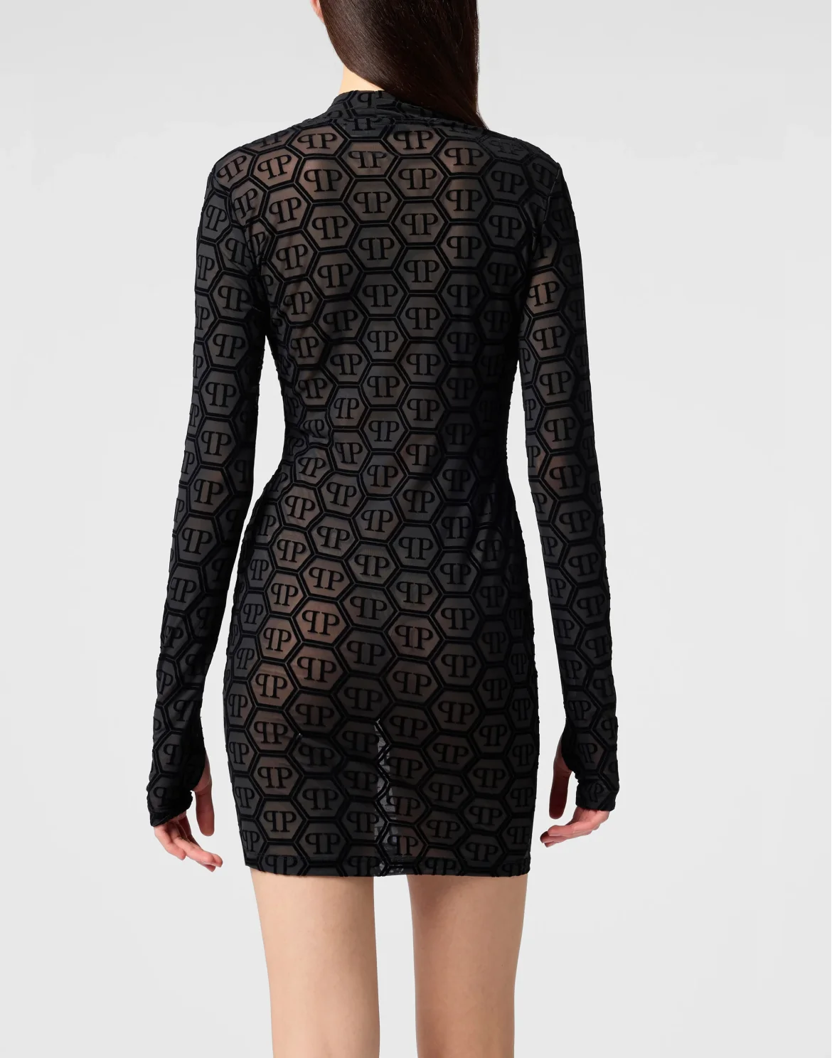 Tulle Long-Sleeved Mini Dress Monogram Jacquard, цвет: Черный