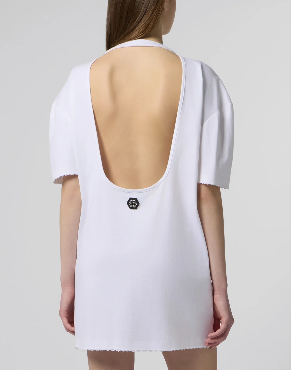 Open Back T-Shirt Dress Strass Signature, цвет: Белый