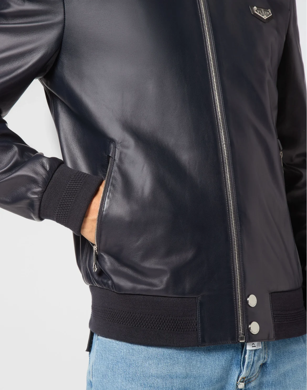 Slim Fit Leather Bomber LS Iconic Plein, цвет: Синий