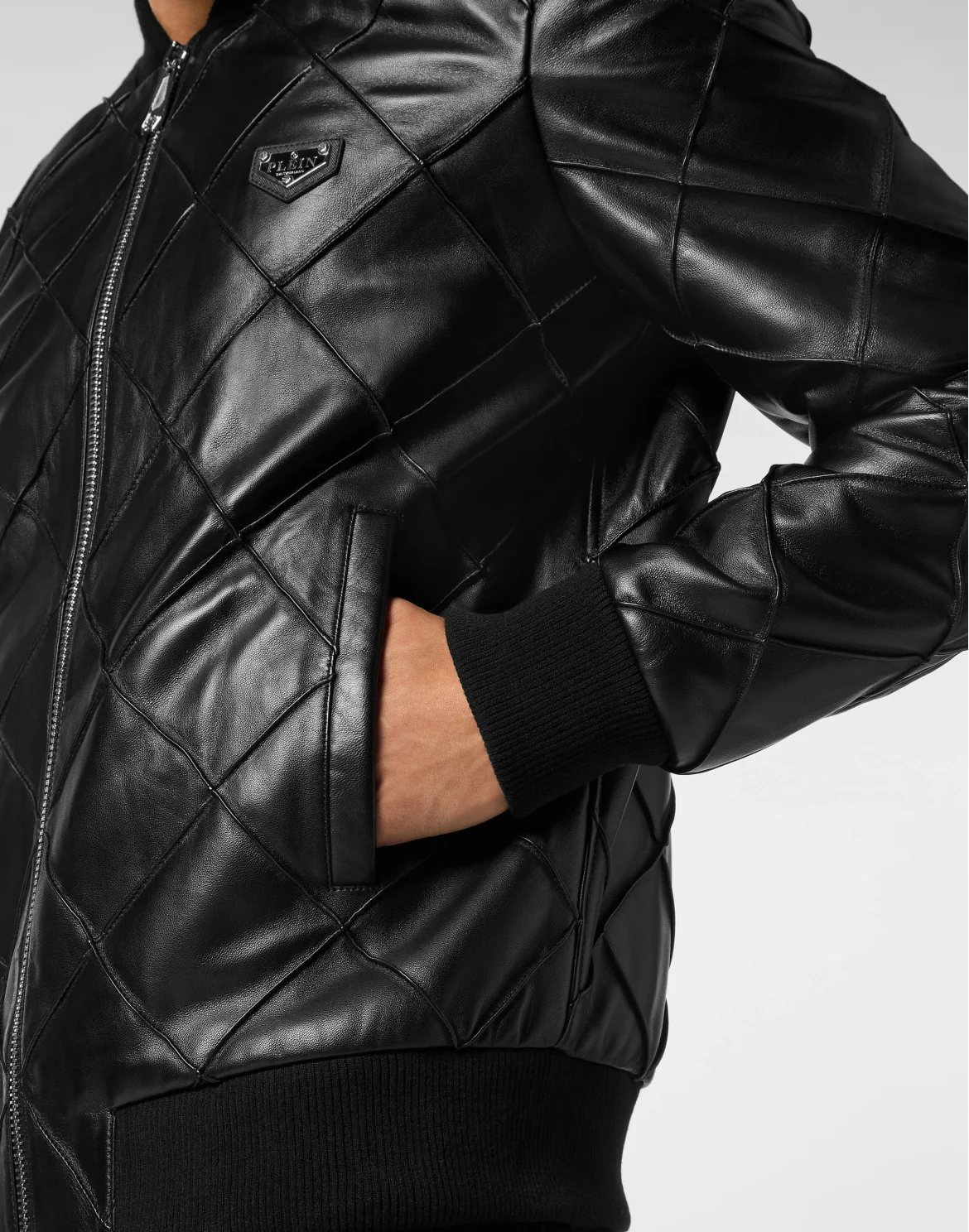 Slim Fit Leather Bomber LS, цвет: Черный