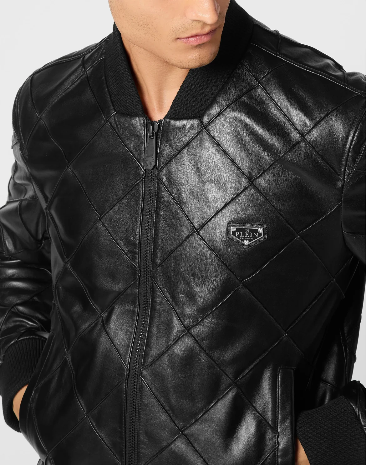 Slim Fit Leather Bomber LS, цвет: Черный