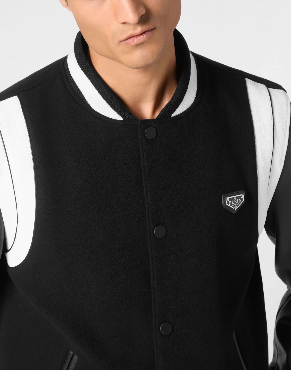 Bomber Jacket Leather Sleeves College, цвет: Черный