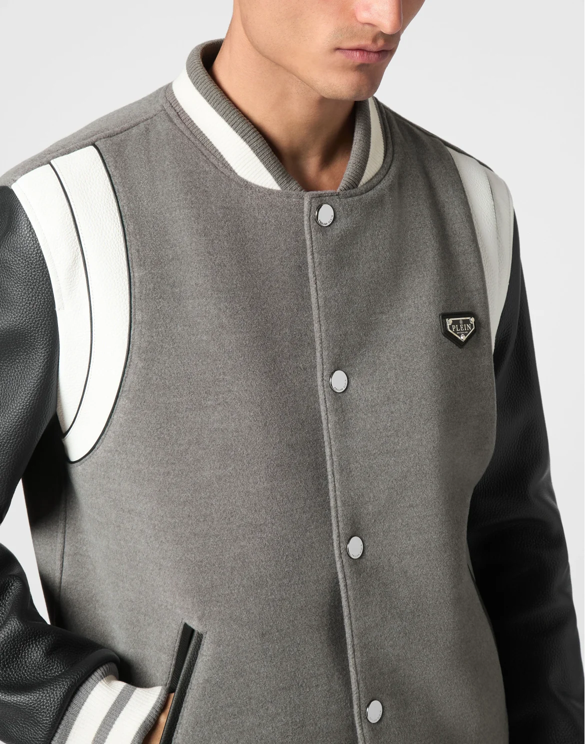 Bomber Jacket Leather Sleeves College, цвет: Серый