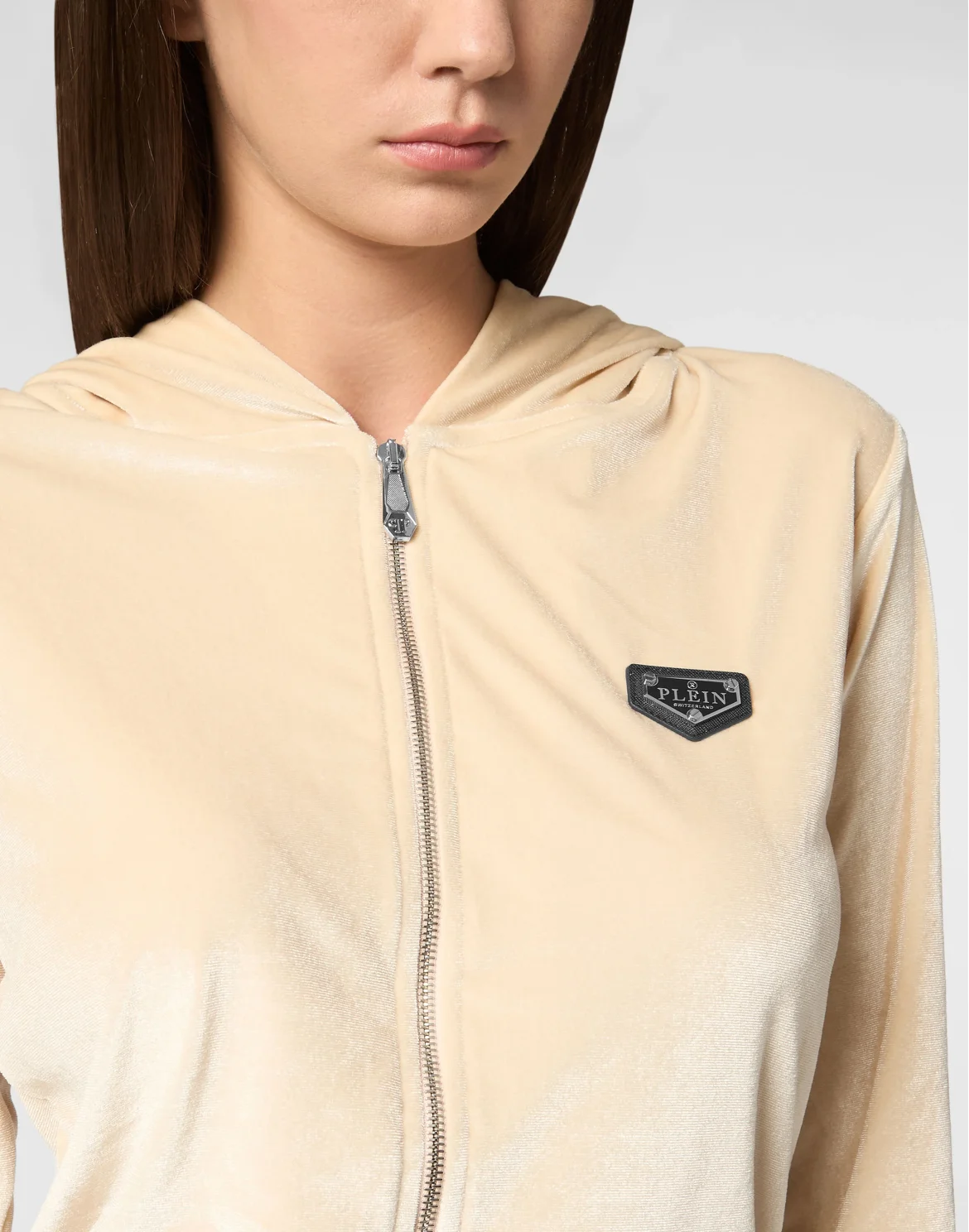 Chenille Hoodie Sweatjacket Strass Skull, цвет: Бежевый