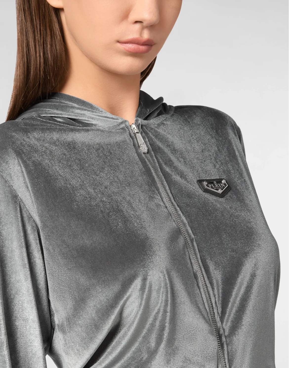 Chenille Hoodie Sweatjacket Strass Skull, цвет: Серый