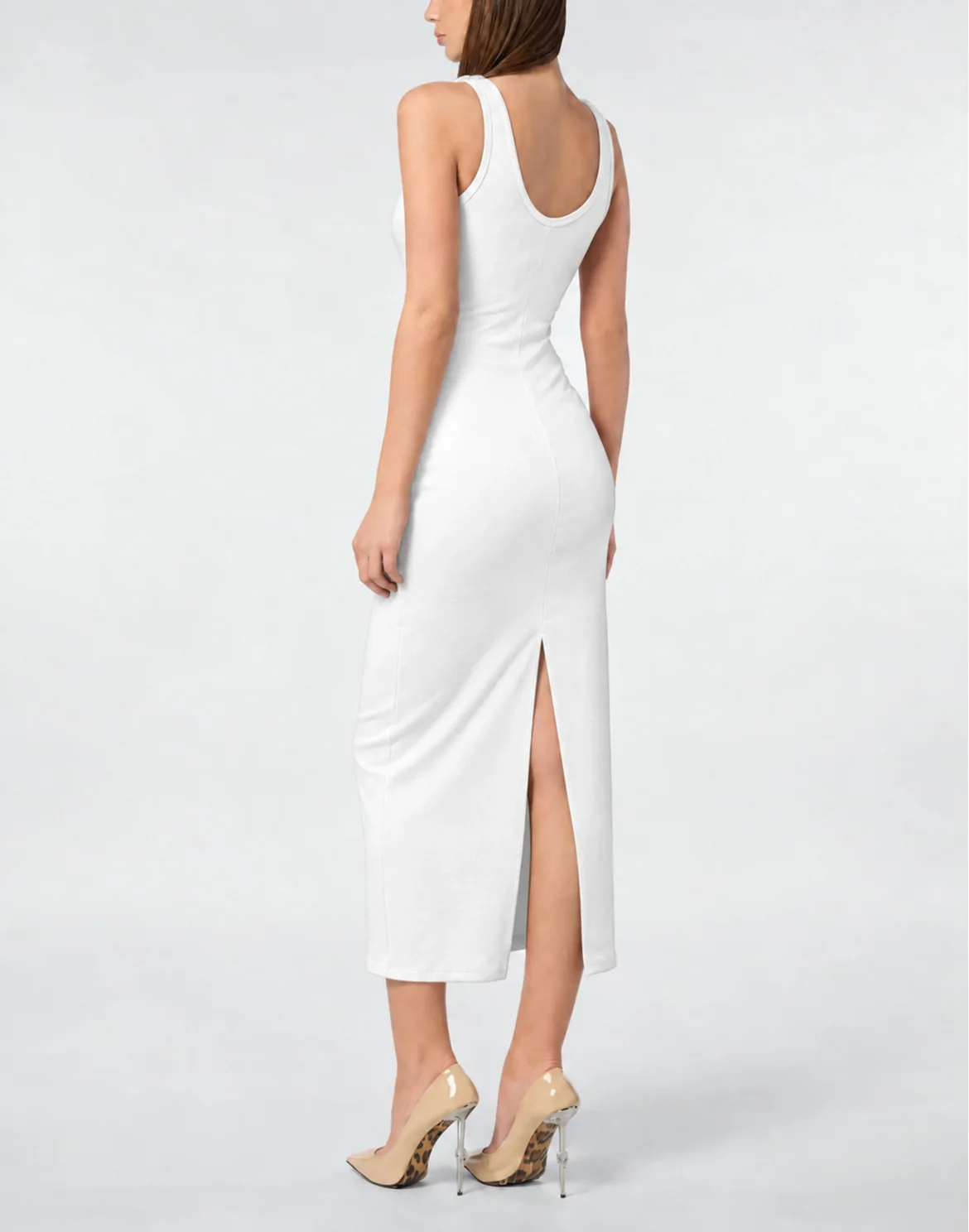 Crew-Neck Long Dress Rhinestones Straps, цвет: Белый